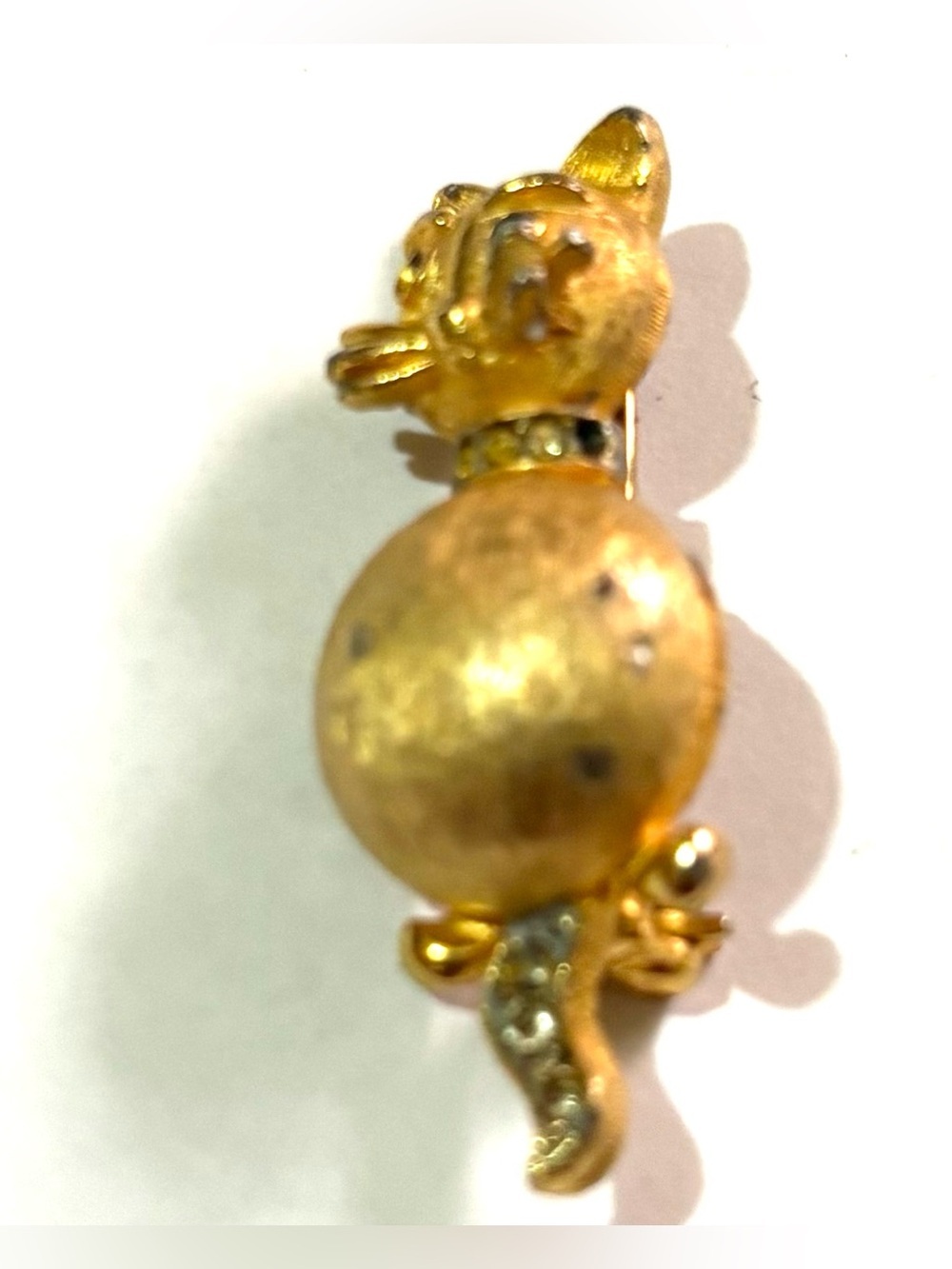 Vintage Gold Cat Brooch with Clear Rhinestones - Vintage